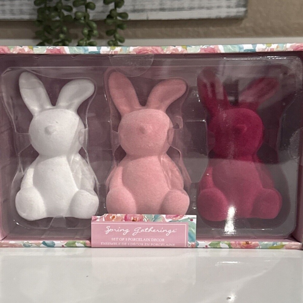 Spring Gatherings Set Of 3 Porcelain Flocked Bunnies Easter Decor